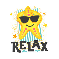 Relax. Starfish sunbathes in glasses on the beach.