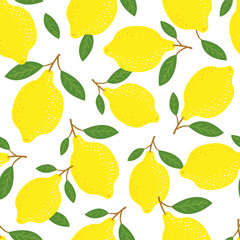 Lemons and leaves background. Tropical vector seamless pattern.