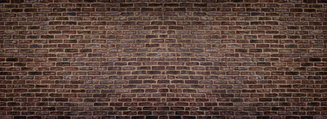 Photo sur Plexiglas Salle Texture de mur de briques minable rouge large. Panorama de la maçonnerie ancienne. Fond panoramique en briques rugueuses sombres