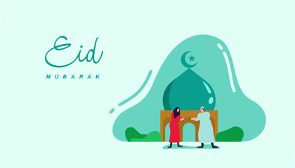 Obraz premium Happy eid mubarak or ramadan greeting with people character. islamic design illustration concept. template for web landing page, banner, presentation, social, poster, ad, promotion or print media