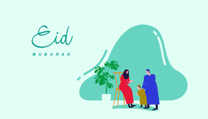Happy eid mubarak or ramadan greeting with people character. islamic design illustration concept. template for web landing page, banner, presentation, social, poster, ad, promotion or print media