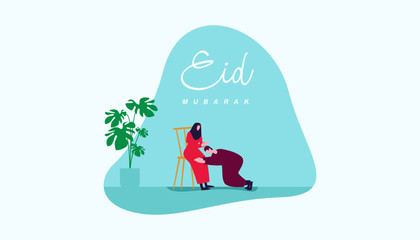 Happy eid mubarak or ramadan greeting with people character. islamic design illustration concept. template for web landing page, banner, presentation, social, poster, ad, promotion or print media