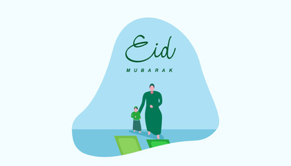 Happy eid mubarak or ramadan greeting with people character. islamic design illustration concept. template for web landing page, banner, presentation, social, poster, ad, promotion or print media