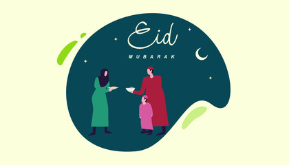Happy eid mubarak or ramadan greeting with people character. islamic design illustration concept. template for web landing page, banner, presentation, social, poster, ad, promotion or print media
