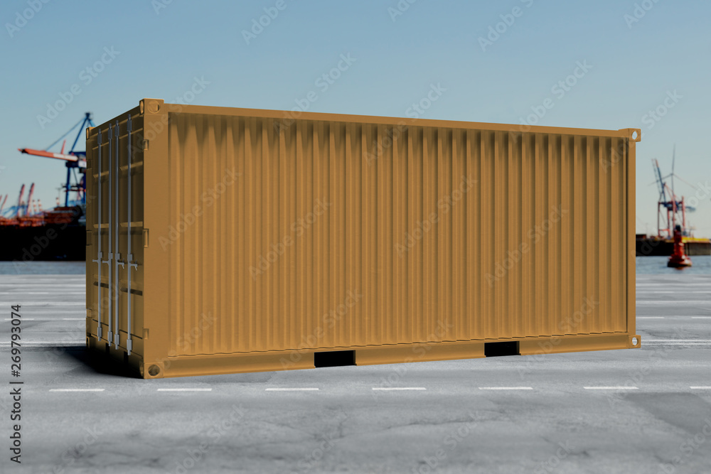 Poster mock up of a container on a dock - 3d rendering