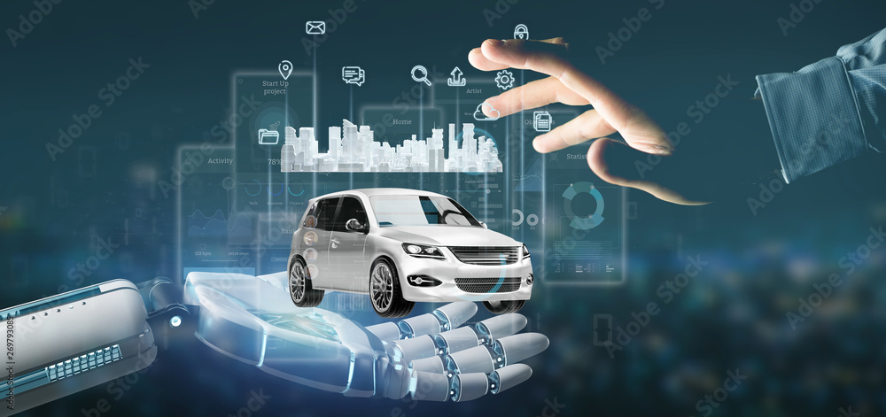 Poster cyborg hand holding dashboard smartcar interface with multimedia icon and city map on a background 3