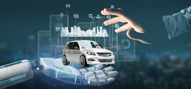 Cyborg hand holding Dashboard smartcar interface with multimedia icon and city map on a background 3d rendering