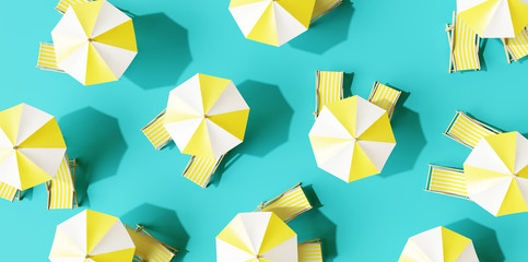 Top view pattern beach umbrella with chairs on blue background. summer vacation concept. 3d rendering © aanbetta
