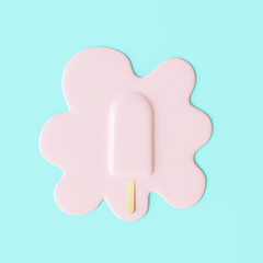 Pink stick ice cream melting on pastel blue background. Minimal summer concept. 3d rendering