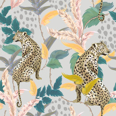 Beautiful tropical seamless pattern with exotic trees, leopard and plants. Vector patch for wallpapers, fabric, surface textures. - 269794619