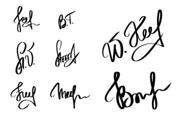 Black manual signature for documents isolated on white background. Hand drawn of signatures fictitious Autograph for convention. Calligraphy lettering Vector illustration EPS10. 