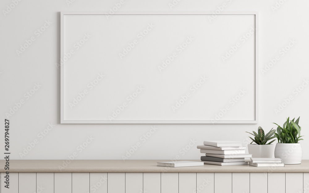 Poster mock-up of picture frame with small plant in vase and books on white wall. perspective of modern int