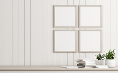 Mock-up of picture frame with small plant in vase and books on white wall. Perspective of modern Interior design. 3d rendering.