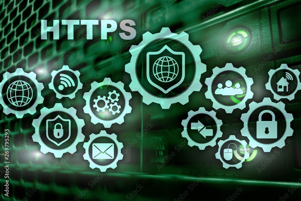 Poster https. hypertext transport protocol secure. technology concept on server room background. virtual ic