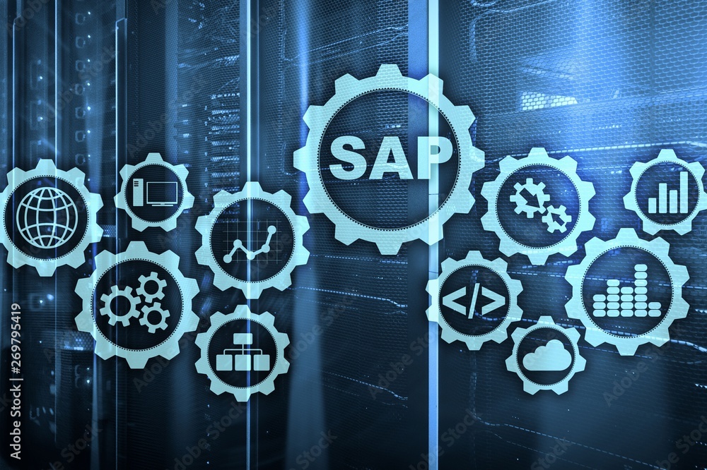 Poster sap system software automation concept on virtual screen data center.