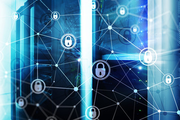 Cyber security, information privacy, data protection concept on modern server room background....