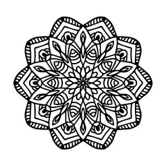 Round black mandala on white isolated background. Vector boho Mandala with floral patterns. Anti-stress therapy, decorative round ornament. Hand drawn background