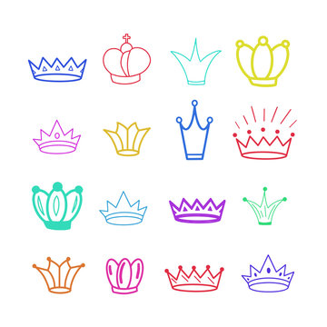 Multicolored Crowns set. Tiara. Diadem. Sketch crown. Hand drawn queen tiara, king hat. Royal imperial coronation symbols, monarch majestic jewel. Princess diadem. Handdrawn antique luxury jewerly.