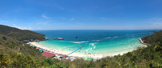Panorama photo of Koh Lan island, Pattaya, Thailand. Beautiful white sand and blue water.