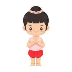 Cute thai girl character in traditional costume in respecting action use for illustration