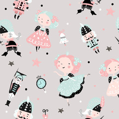 Seamless childish pattern with nutcracker, girl and ballerina