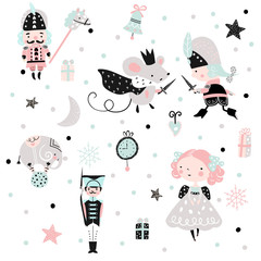 Fairy childish pattern with girl, nutcracker and mouse king.