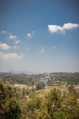 Lake view with green forest and blue sky