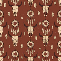 Tribal seamless pattern with skulls of animals and traps for dreams, hand drawn background. Decorative ethnic ornament, wallpaper vector. Colorful overlapping backdrop, good for printing