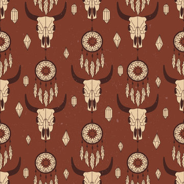 Tribal seamless pattern with skulls of animals and traps for dreams, hand drawn background. Decorative ethnic ornament, wallpaper vector. Colorful overlapping backdrop, good for printing