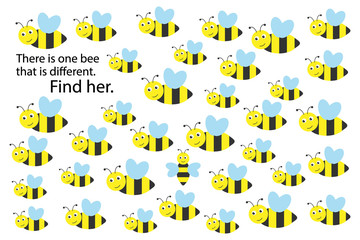 Find bee that different, spring fun education puzzle game for children, preschool worksheet activity for kids, task for the development of logical thinking and mind, vector illustration - 269799485