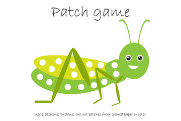 Education Patch game grasshopper for children to develop motor skills, use plasticine patches, buttons, colored paper or color page, kids preschool activity, printable worksheet, vector illustration