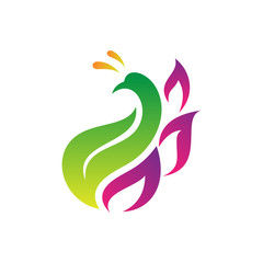 green peacock flat logo design with leaf shape
