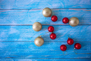 Decoration for the party,Top view Color balls placed on old blue wooden floors,background Space for text and design
