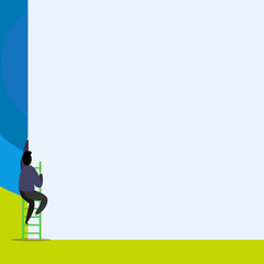 Back view young man climbing up staircase ladder lying big blank rectangle