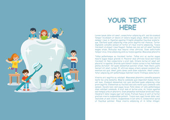 Group of smiling boys and girls standing next to big white tooth holding toothbrush showing healthy clean tooth encouraging teeth hygiene and care.