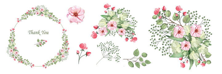 Watercolor drawing. Botanical illustration. Set: wreath; composition of pink roses; white flowers; colorful leaves. Bouquet of roses; different flowers; ornamental herbs .