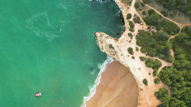 Aerial View Sandy Beach Line And Cliff Coastline With Grotte, Gruta de Benagil, Algarve, Portugal
