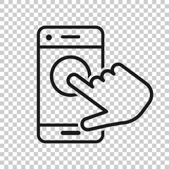 Hand touch smartphone icon in transparent style. Phone finger vector illustration on isolated background. Cursor touchscreen business concept.