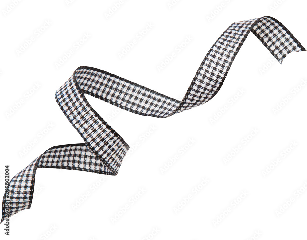 Wall mural black check ribbon curl isolated on white background. black plaid ribbon bow and curl isolated on wh