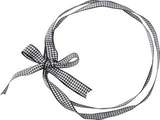 Black check ribbon curl isolated on white background. Black plaid ribbon bow and curl isolated on white background