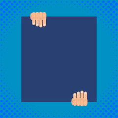 Two hands holding big blank rectangle up down Geometrical background design