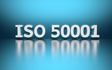 International standard. Word ISO 50001 on blue background