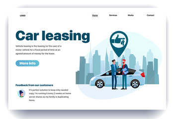 Web page flat design template for car leasing. Business landing page vehicle rental in city. Automobile hire or buying. Modern vector illustration concept for website and mobile website development
