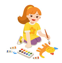 Art kid. Back to School. Happy Girl paints pictures on floor.Isolated vector.