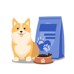 Dog food vector. Illustration of cartoon happy dog with full bowl of dry food and dog food package.