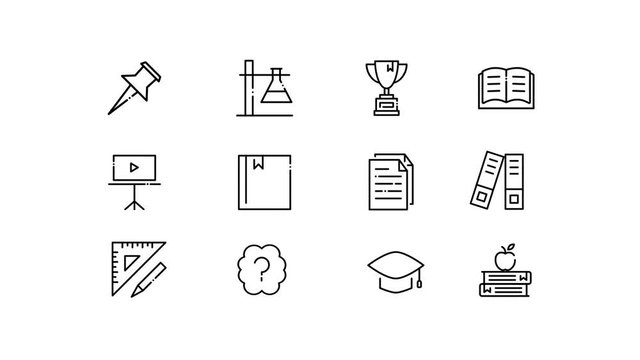Animation Modern Thin Line Flat Design of Icons Set. Coaching and Education, Business Outline Collection on White and Black background. 4K Motion Graphic Animation.