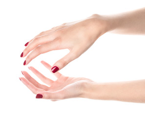 Female hand isolated on white background. White woman's hand showing symbols and gestures. Relaxed hand