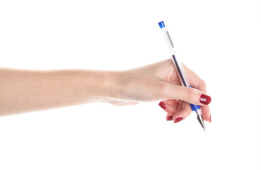Female hands hold a pen� isolated on white background. Ball pen