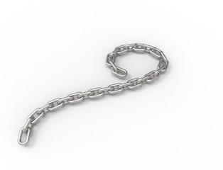 3D rendering of a curling flowing metal chain on white background.