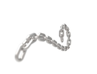 3D rendering of a curling flowing metal chain on white background.